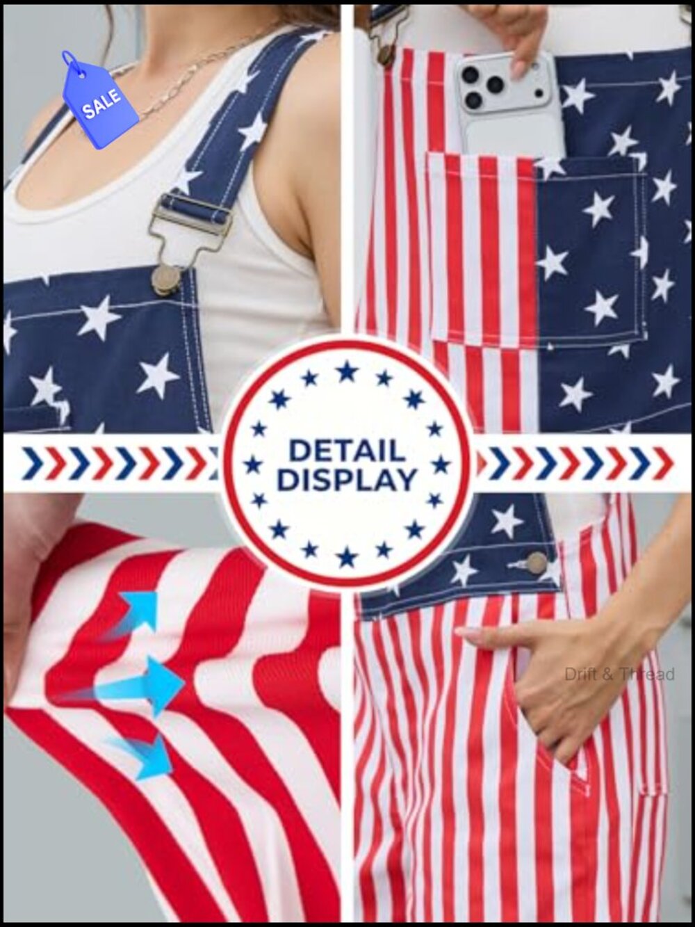 Women's Patriotic USA Overalls Stretch Cotton Bibs 250th Anniversary - Picture 3 of 7